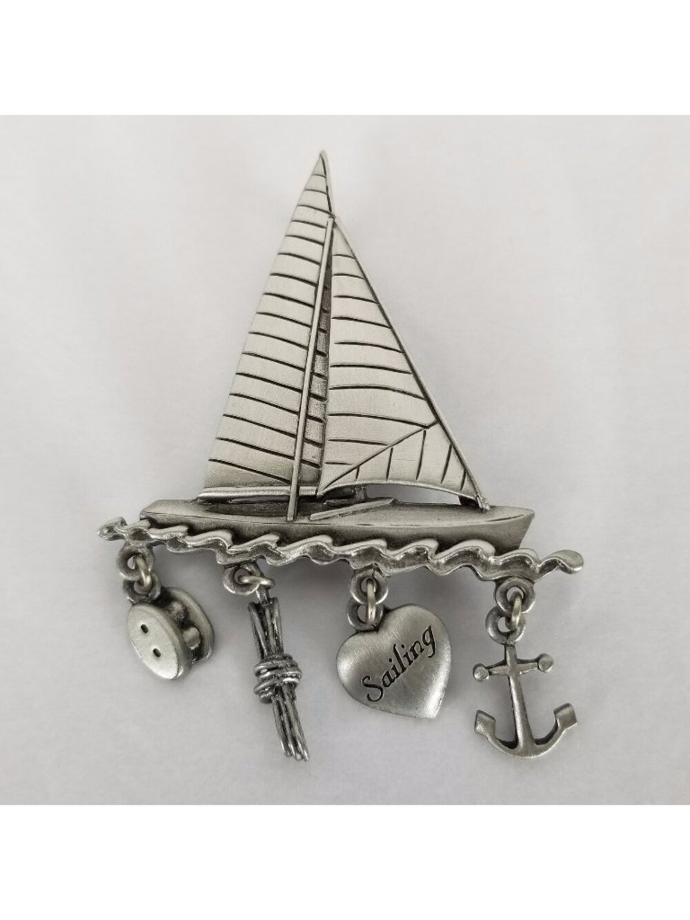 J.J. Sailboat with dangling nautical charms pewter Pin Brooch Vintage 1980's